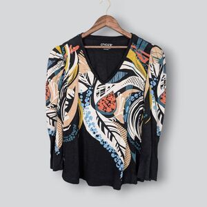 Chico's Top 4 XXL Black Artsy Abstract Floral Puff Sleeve Stretchy Cotton Modal